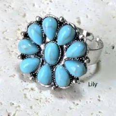 ✨ ターコイズ風 花 リング 指輪 インディアン 青 調節可能