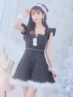 チェーンモチーフフロントジップツイードフレアサンタコスプレ ドレスサンタ　黒