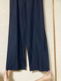 【上品】絹麻Laura Ashley ネイビー ワイドパンツ　サイズ11