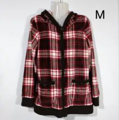フード付きフリースジャケット59　M　長袖　チェック　赤系　ファスナー　秋冬