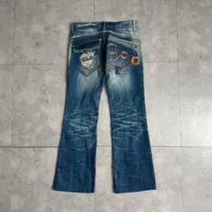 デニムローライズセミフレアパンツ刺繍ラインストーン平成ギャルy2kラメ糸グランジ