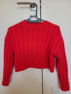 赤 ケーブル編み クロップドセーター