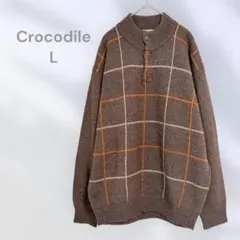 クロコダイル　長袖ニットセーター　チェック柄　カジュアル　厚手　秋冬　あったか