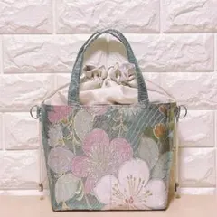 帯リメイク　水色系ラメ模様地 花柄　あおりポケット　巾着トートバック　2WAY