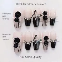 100%ハンドメイドネイルチップ 黒いバラレギュラーサイズ10個セット