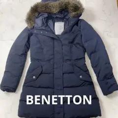 BENETTON ダウンコート M ネイビー ファー付 防寒 ロング レディース