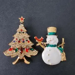 ブローチ クリスマスツリーと雪だるまのブローチ 2点セット おまとめ