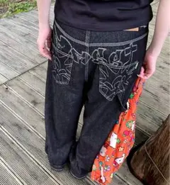 ワイドデニムパンツ　バギーデニム　黒　ブラック　刺繍　ユニセックス　M