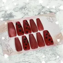 ネイルチップ ハートホロ埋め込み マグネット 赤×黒 シンプル 大人ガーリー