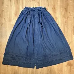 ダークブルー フリル付きロングスカート デニムスカート