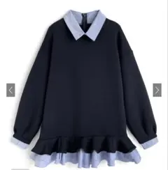 ネイビー フリル付きワンピース 長袖