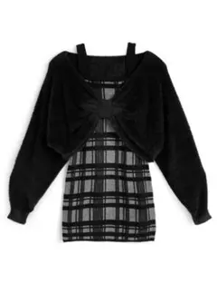 リボンシャギートップス×チェック柄キャミソールミニワンピースニットセットアップ