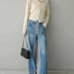 デニム切替スウェットパンツ ワイド 韓国 グレー レディース 春服