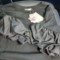 インフルエンサーてら×omi　フレア袖リブTシャツ　ブラック　M　しまむらコラボ