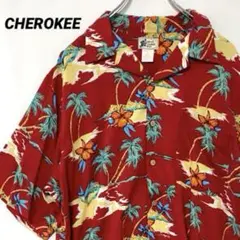 T-824 CHEROKEE アロハシャツ レーヨン 総柄 M 赤ハワイアン開襟のサムネイル