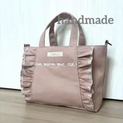 サイドフリル帆布トートバッグ　Mサイズ　【リバティ×くすみピンク】即購入OK