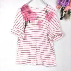 africataro　アフリカタロウ　ボーダー　半袖Tシャツ　花柄プリント　Fのサムネイル