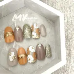 【No.76】フラワーデザイン　成人式オレンジ　ミラー　ネイルチップ