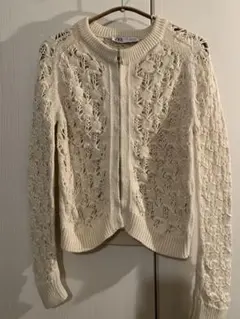 ZARA アイボリー レース編み カーディガン ノースリーブワンピースに