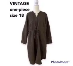 ヴィンテージ　ロングワンピース　ミモレ丈　ベロア調　無地　カーキ色　ミリタリー