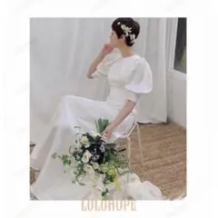 ウェディングドレス パーティドレス　白　パフスリーブ　半袖