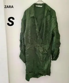 ZARA オリーブグリーン 長袖シャツ ワンピース【S】レーヨン素材