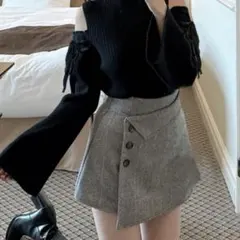 インパン裏地付きヘリンボーンアシメミニスカートtu923