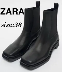 ZARA ザラ 本革 スクエアトゥアンクルブーツ サイドゴアブーツ 黒 ブラック