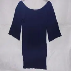 ルスーク シンプル 七分袖 リブニット チュニック（38）ネイビー