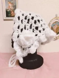 ハンドメイド かぎ針 ヘッドドレス ボンネット バブーシュカ 白 お花 パール