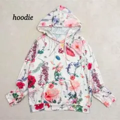 美品 パーカー 【S】 花柄 総柄 マフポケット ホワイト系 カジュアル 華やか