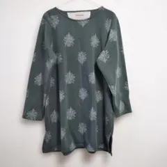 裏ボアフリースくすみ グリーン チュニック 長袖 木の葉模様