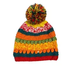 (52-56cm) マルチカラー ポンポン付き ニット帽
