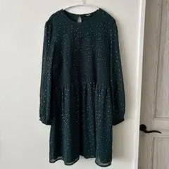 シンプリービー ドット ワンピース ラウンドネック 長袖 14 緑 金 かわいい