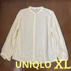 コットンブラウス　ノーカラーシャツ　刺繍ブラウス　長袖ブラウス　イエロー　XL