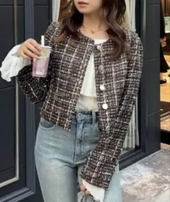 rienda 【セットアップ対応】2WAYツイードショートジャケット 秋服