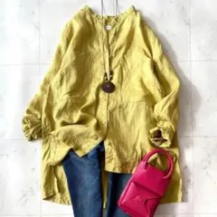 未使用級 シップスエニィ 洗える リネン100 スタンドカラービッグシャツ F