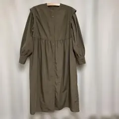 カーキ バンドカラー シャツワンピース ロング丈