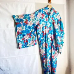 アンティーク長襦袢　青系　ヴィンテージ　花柄　大正ロマン　正絹