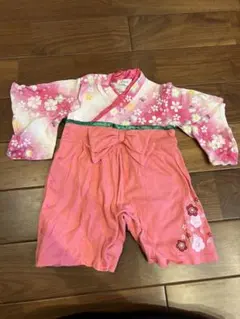 ピンク 花柄 着物スタイルロンパース リボン付き