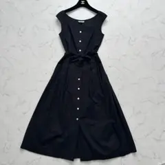 アニエスベー ロングワンピース 黒 36 フレア Aライン 前開き ベルト付