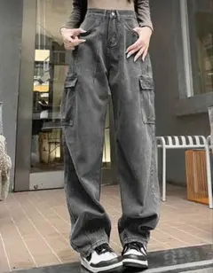 グレー デニム ワイドパンツ