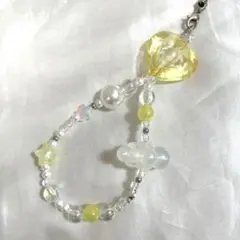 ハート星ビーズストラップ イエロー 黄色パール韓国ガーリー ハンドメイド