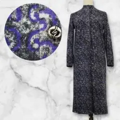 レトロワンピース　バンドカラー　ニット地　パープル総柄　シルバーボタン　大きめ