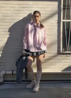 Amly city ボウタイつきラインストーンギャザーシャツ ストライプ