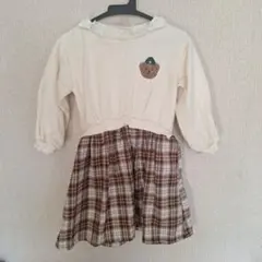 プティマイン　クマ刺繍チェック柄ドッキングワンピース　petit main