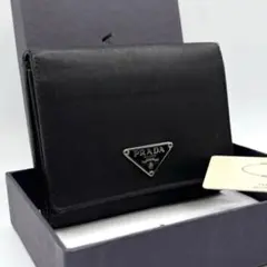 人気　保存箱　カード付　三つ折り　プラダ　折財布　ナイロン　黒　三角ロゴ