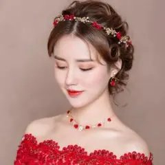 ヘッドドレス・ネックレス・イヤリング3点セット赤いバラレッド薔薇花カチューシャg