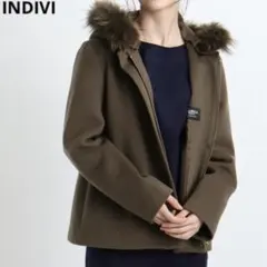 【INDIVI】　メルトンフーデットコート　ノーカラーコート　ファー付　3way