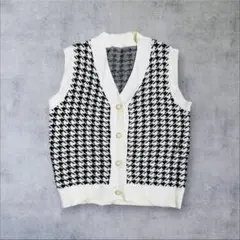 【着回し◎】ハウンドトゥース柄 千鳥柄ニットベスト　M モノトーン 前開き　古着